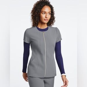 Jaanuu XS Women’s Princess Gold Zip Front Scrub Top Light Gray